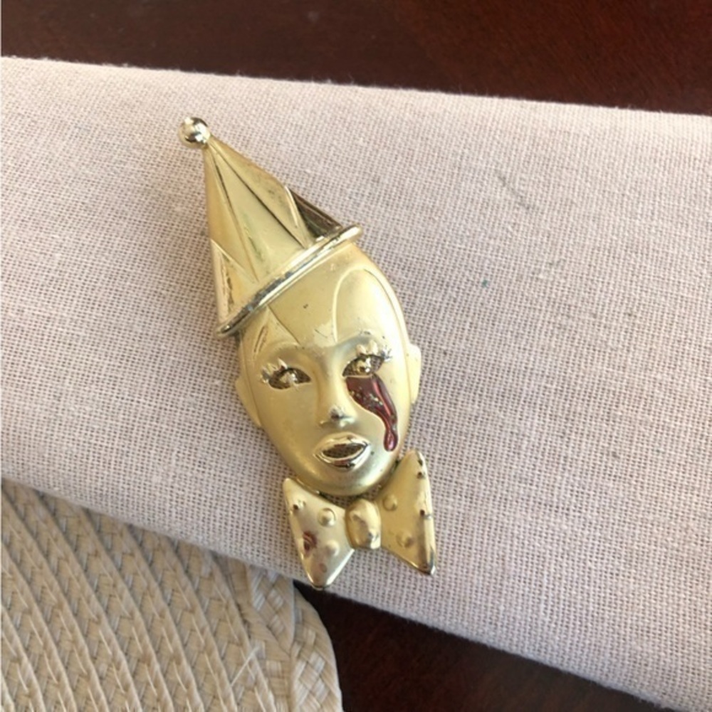 Vintage Gold and Red Clown Face Brooch